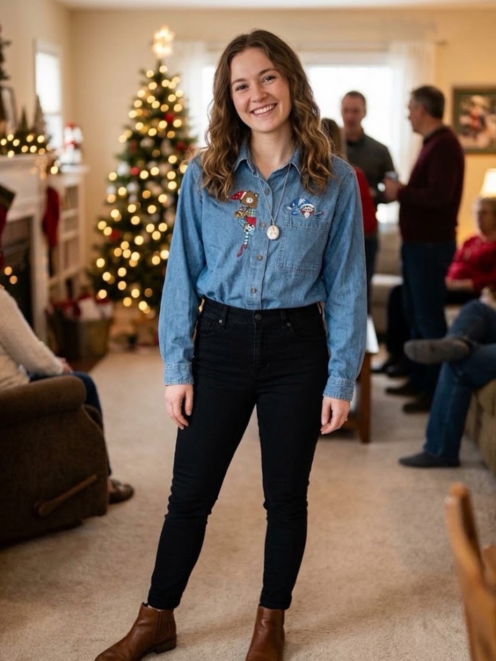 Vintage Christmas Toys Embroidered Denim Shirt Cottagecore Teacher Teddy Bear